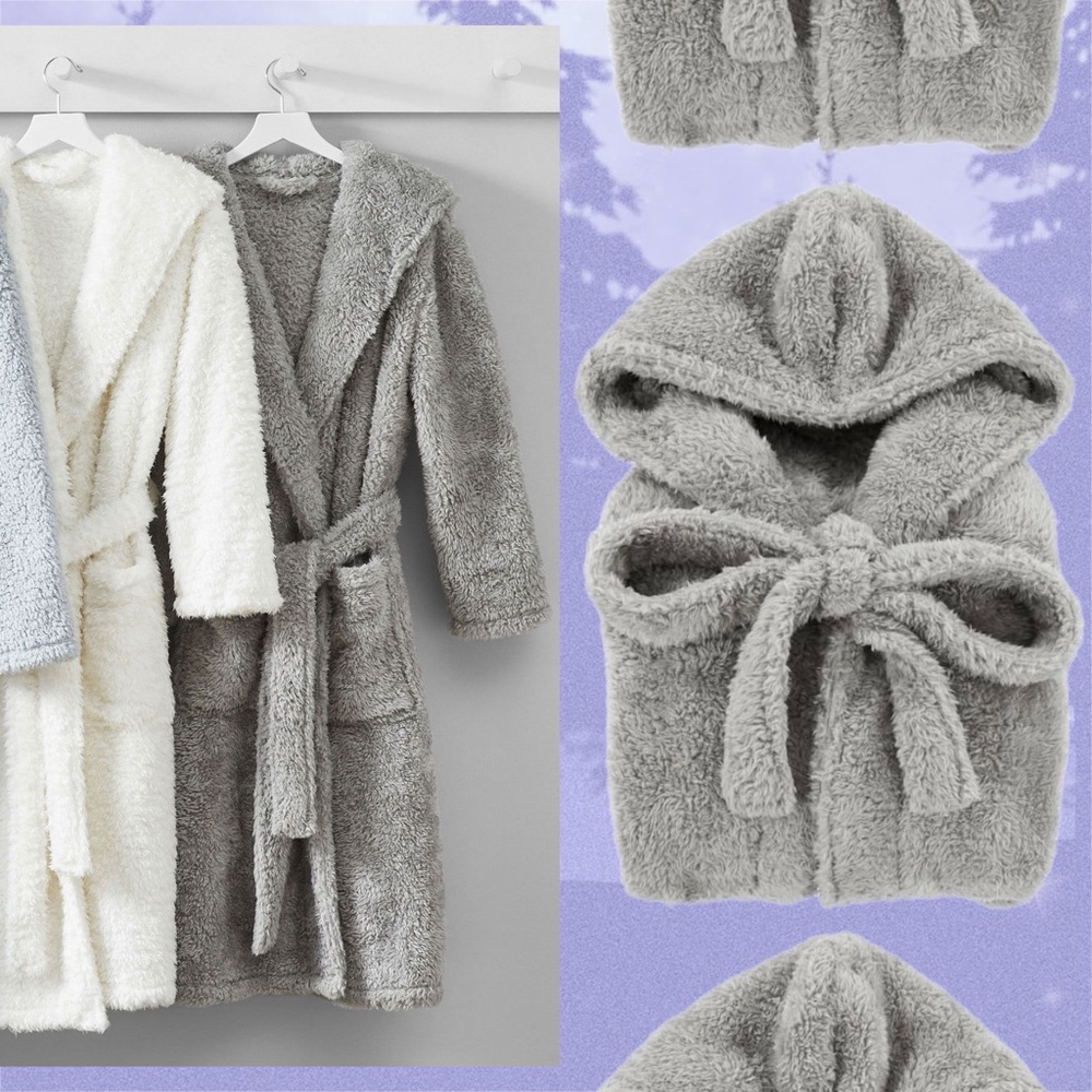 pb teen x pottery barn • hooded cozy sherpa robe in grey xs/s